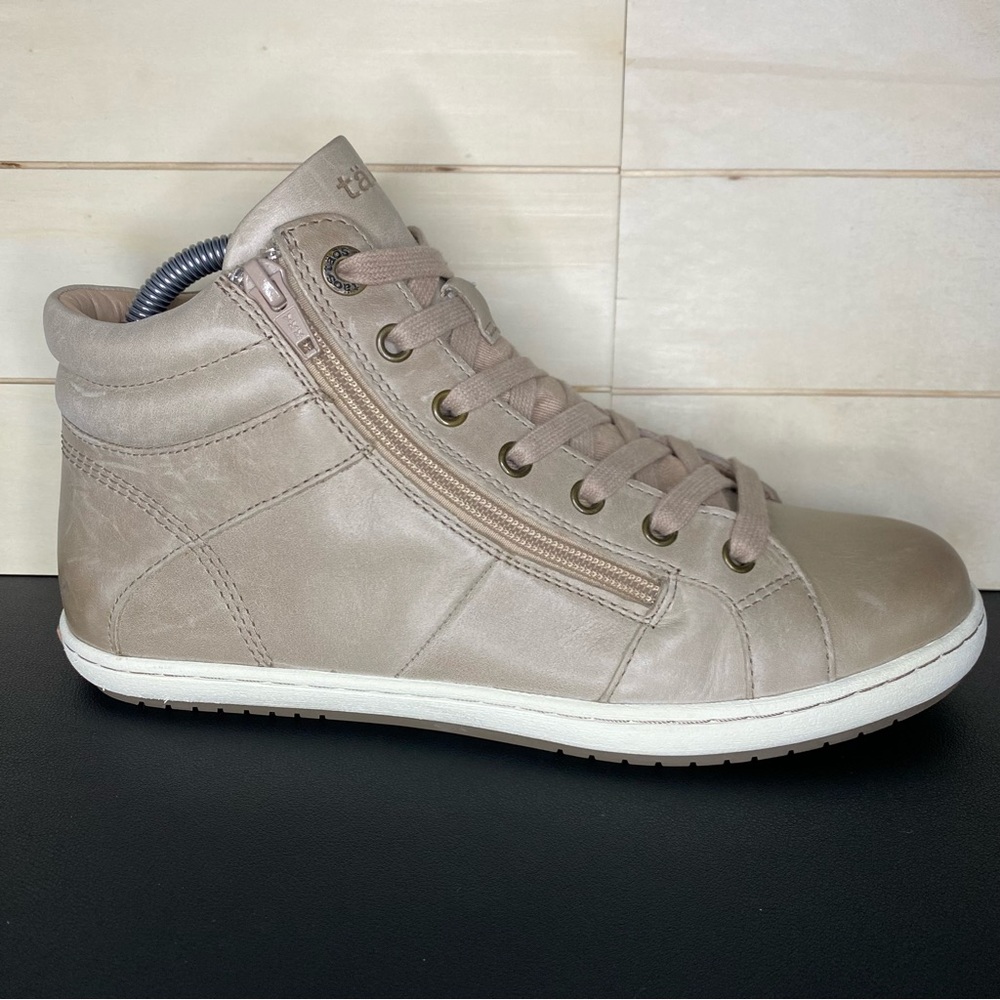 Women's Taupe Leather High-Top Sneaker with Side Zip